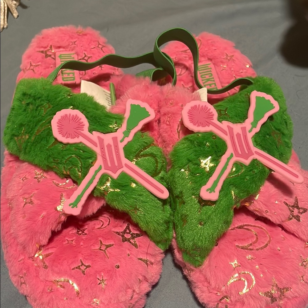 Puma Pink and Green Fuzzy Slippers with Gold Stars